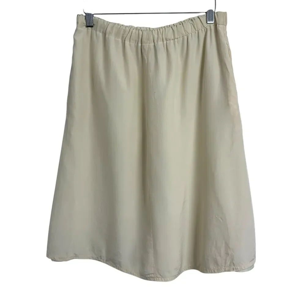 Vintage 100% Silk‎ Skirt Size 8 Cream Ivory Elastic Waist A-Line Midi Fiorenza